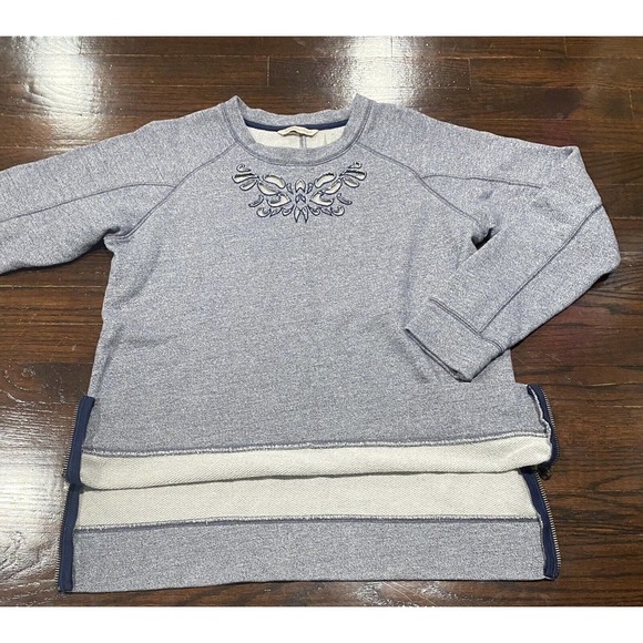 Soft Surroundings Terry Cloth Blue Sweatshirt Embroidered Cut Out Sz M Zip Slits - Picture 1 of 11